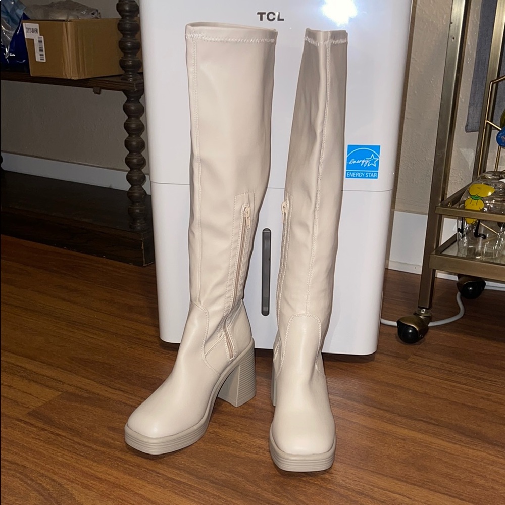 Yoki Cream Over the Knee Boots with Chunky Heel
